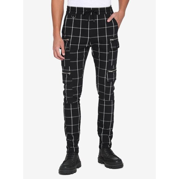 Hot Topic Black & White Grid Cargo Jogger Pants Mens L Plaid Punk Goth - Picture 1 of 10